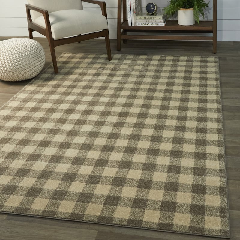 Rogers Gingham Area Rug - 2'7" x 7' Runner - Taupe