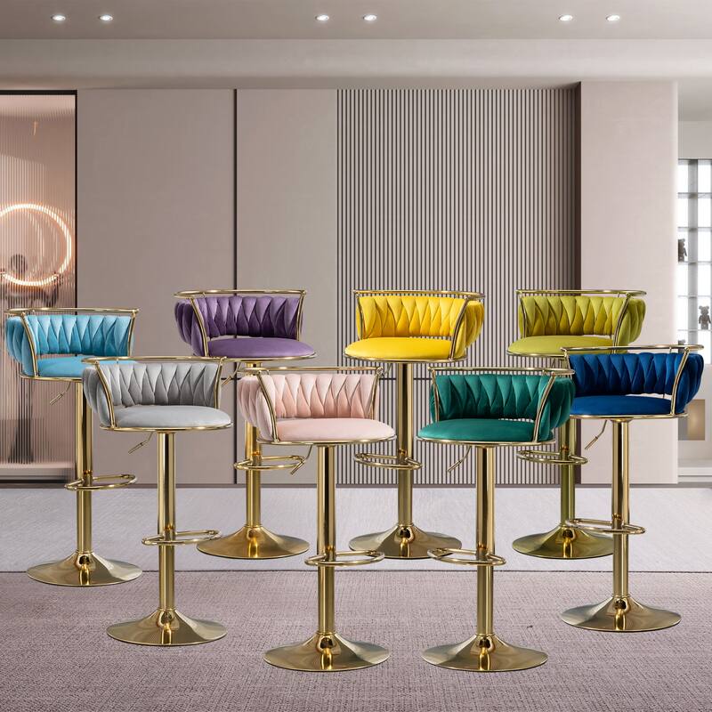 4 Set Velvet Adjustable Swivel Bar Stools With Backs