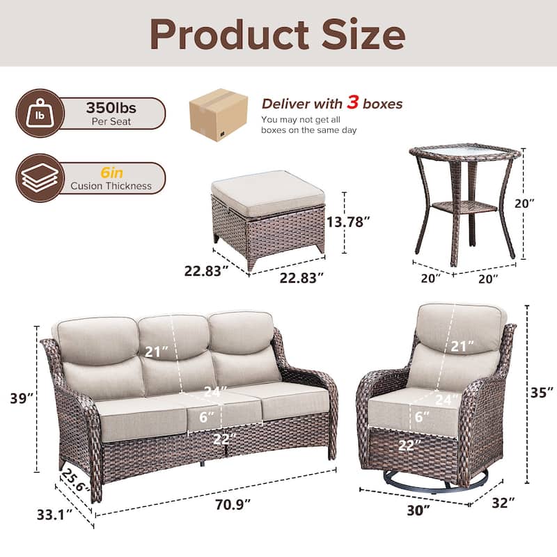 Gymojoy 6-Piece Patio Furniture Set with Swivel Glider Chairs, 6-Inch Ultra-Plush Cushions & Water-Resistant Olefin Fabric