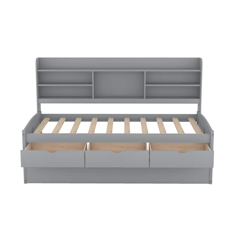 Grey Twin Wooden Captain Bed with Bookshelves, 3 Storage Drawers, and Trundle