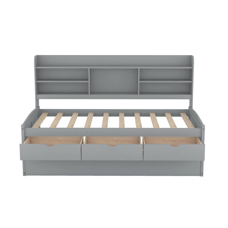 Twin Wooden Captain Bed with Bookshelves, 3 Storage Drawers, and Trundle