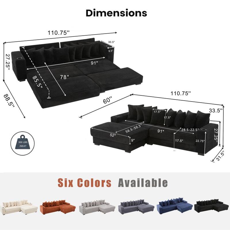 110.75" Corduroy Sectional Sofa, Convertible Sleeper Sofa Bed L-Shaped Upholstered Couch with Removable Footstool, Cup Holder