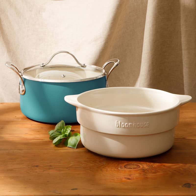 Bloomhouse 12 Piece Aluminum Enamel Cookware Set w/ Non-stick Non-toxic Ceramic Interior and Ceramic Steamer Insert