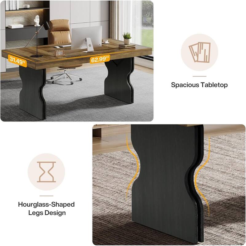63" Farmhouse Executive Desk Computer Table with Hourglass Shape Legs