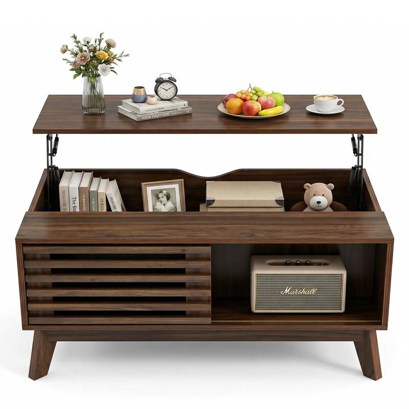 35.4"Lift Top Coffee Table with Storage, Mid Century Modern Coffee Table with Slatted Sliding Door and Hidden Compartment