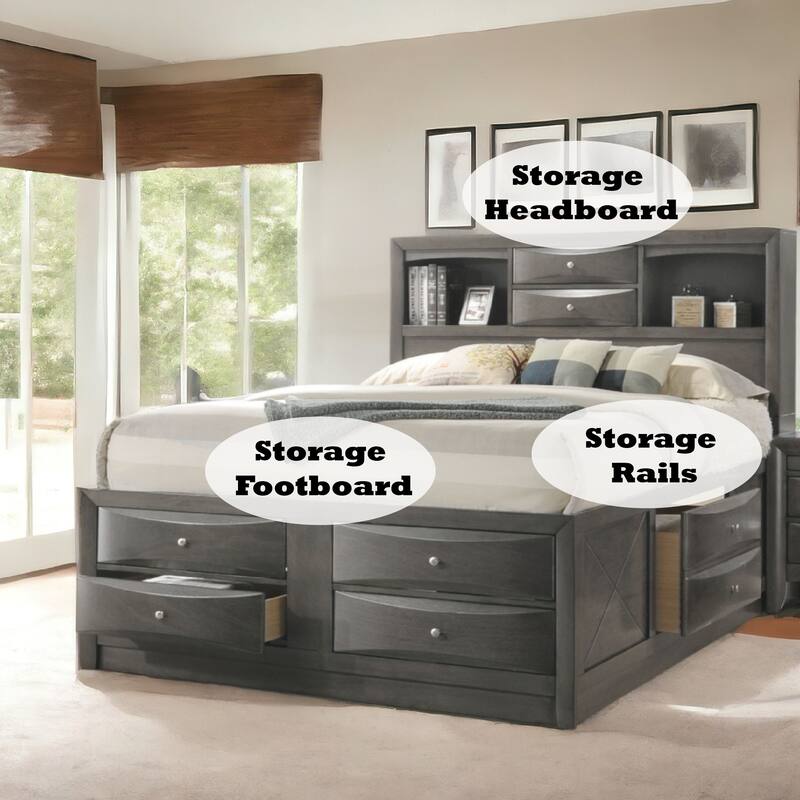 Queen Size Synthetic Wood Storage Bed with Bookcase Headboard and 8 Drawers
