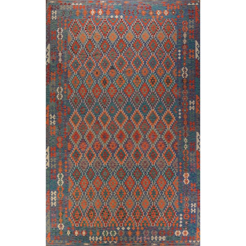 Reversible Blue Kilim Oriental Large Rug Flatweave Wool Carpet - 10'0"x 15'9"