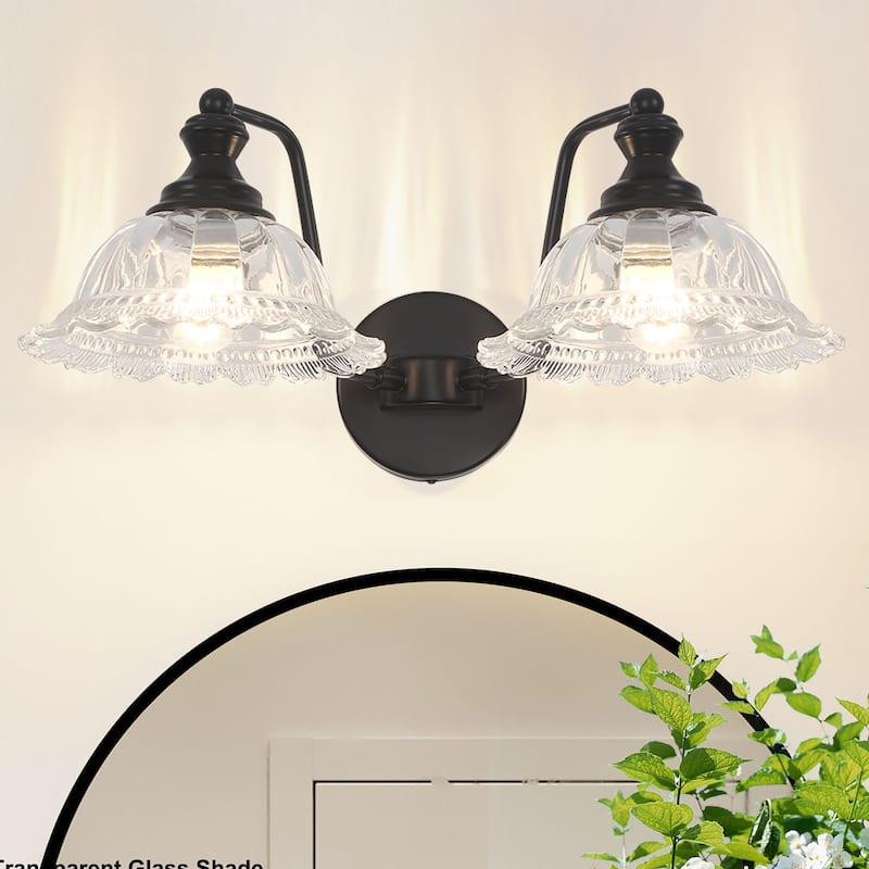 Modern Vanity Light with Crystal Glass Shade - 2-Light - Black