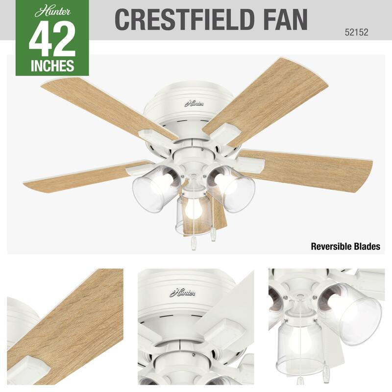 Hunter 42" Crestfield Low Profile Ceiling Fan with 3-Light LED Light Kit and Pull Chain - Casual, Farmhouse, Rustic