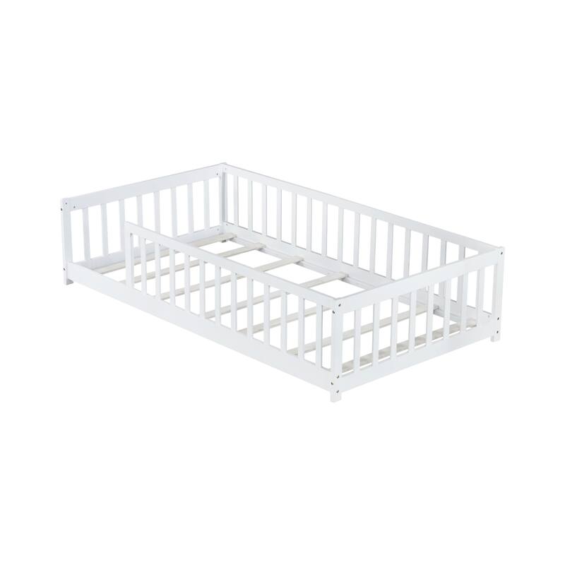 Twin Size Floor Bed With Fence Without Door, Rubber Wood Floor Bed With Safety Guardrails