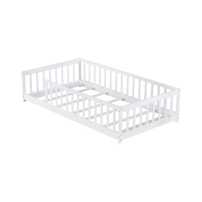Twin Size Rubber Wood Floor Panel Bed with Safety Fence - No Door Version