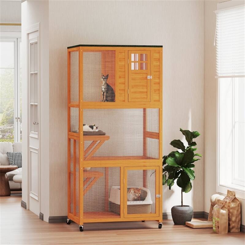 Fir Wood Steel Cat Cage with Wheels and Multi-Levels