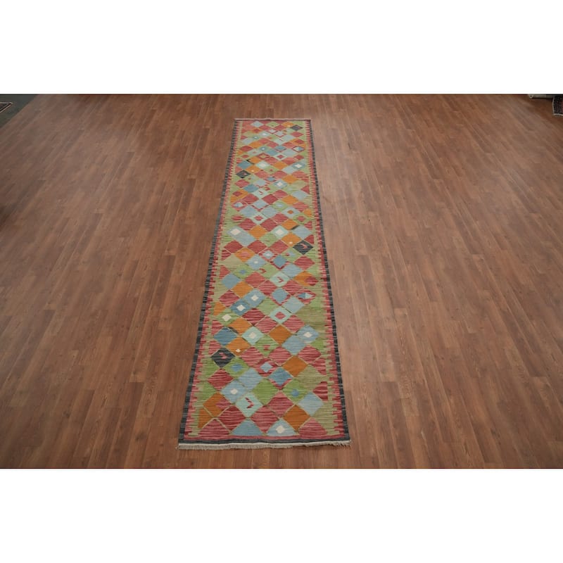 Hand Woven Oriental 100% Wool Carpet Southwestern Modern Multi-Colored Kilim Runner Rug - 11' 7'' X 2' 7''