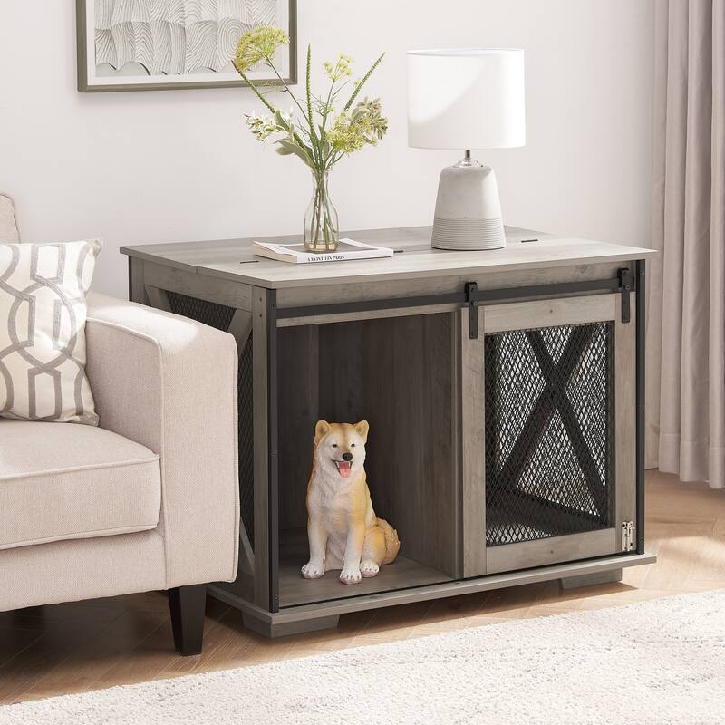 Dog Cage Crate Furniture with Sliding Barn Door，Dog Kennel End Table with Flip-top Plate Dog House with Detachable Divider - Gray Wash