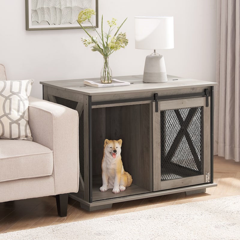 Farmhouse Dog Cage Crate Furniture with Sliding Barn Door, Farmhouse Wooden Dog Kennel End Table with Flip-top Plate - Gray Wash