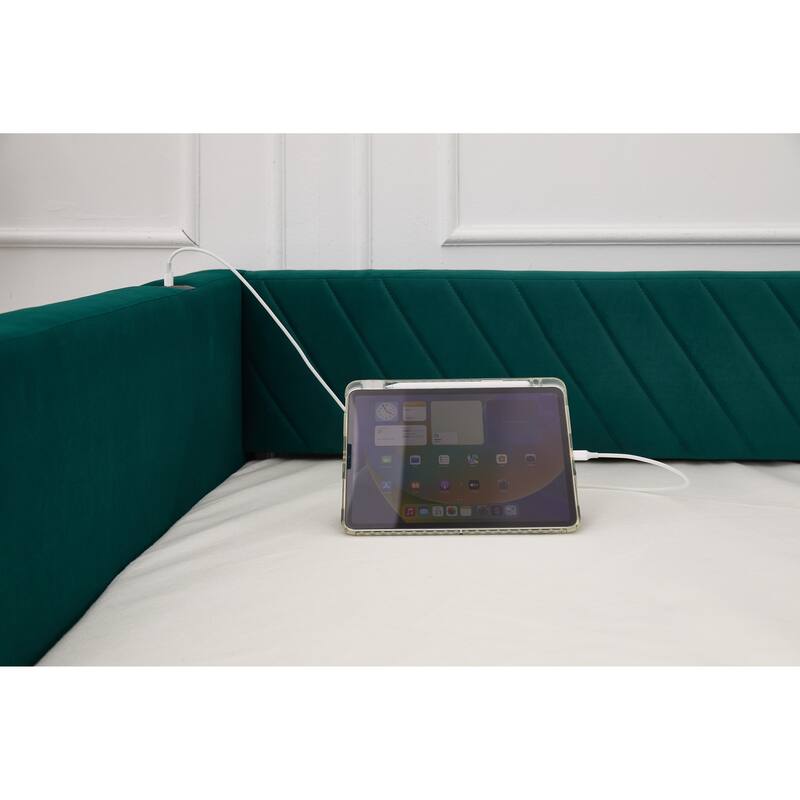 Twin Size Velvet Daybed with Trundle, USB Charging Port & Side Pockets, Modern Upholstered Sofa Bed with V-Pattern Backrest