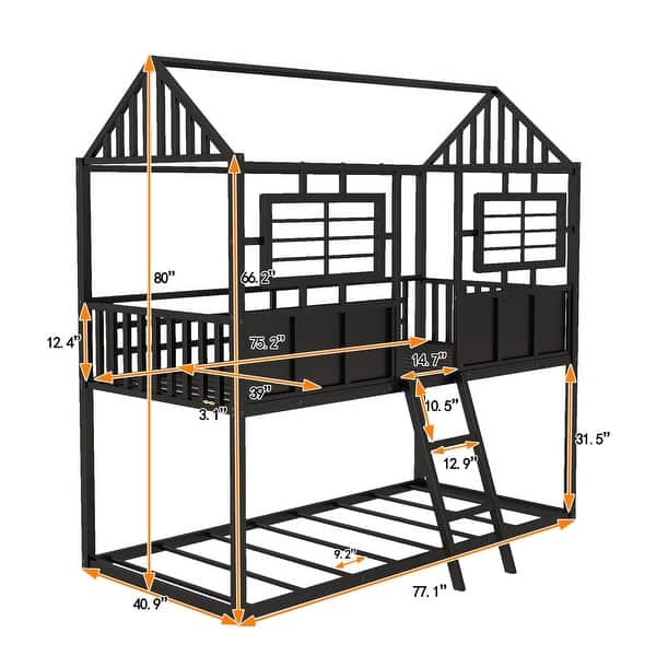 Metal Twin over Twin Low Bunk Beds with Roof and Fence-shaped Guardrail
