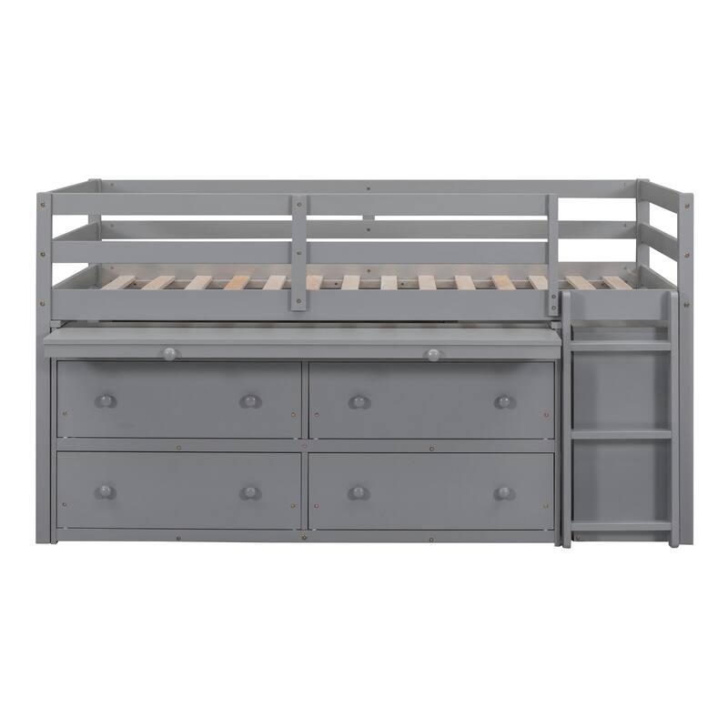 Solid Wood Loft Bed with Retractable Desk and Drawers