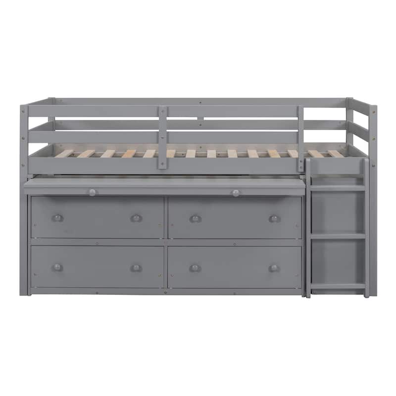 Twin Size Solid Wood Loft Bed with Retractable Desk and Drawers