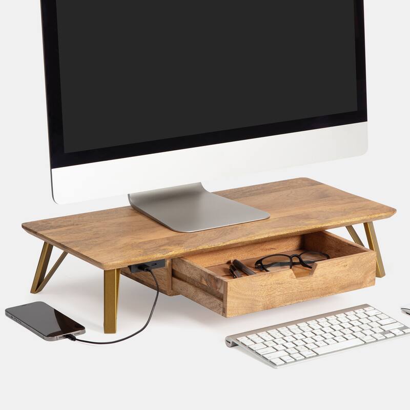 Jani Wood Monitor Stand Riser Desk - Ergonomic Design Stand, Desktop Organizer Table for Home, Office Workspace, Gaming Desk - Yellow