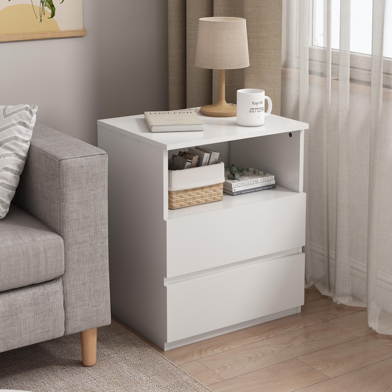 End Table with Fast USB C Charging Station, Sofa Side Table with 2 Drawers, Large Storage Modern Wood Storage Cabinet