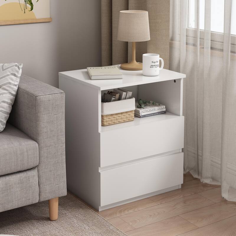 Nightstand with Charging Station, Sofa Side Table with Open Shelves & 2 Drawers, Large Capacity Wood Storage Cabinet