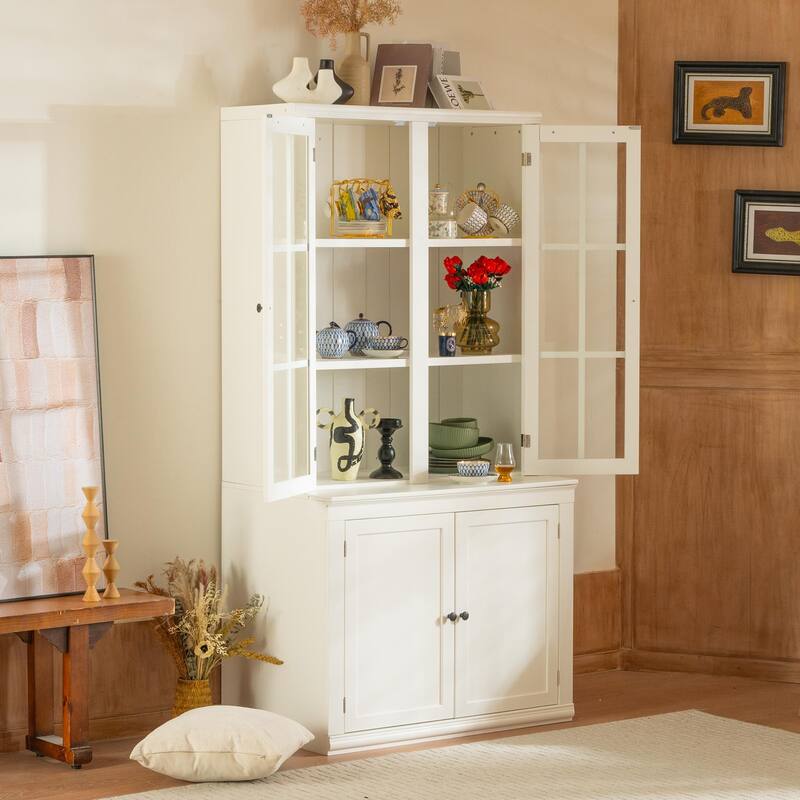 Pantry Cabinet with Tempered Glass Doors, Display Cabinets with Storage, Expandable Modular Design with Lattice Window