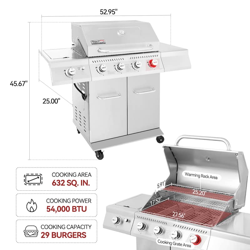Royal Gourmet GA4402S 4-Burner BBQ Cabinet Style Gas Grill, Silver
