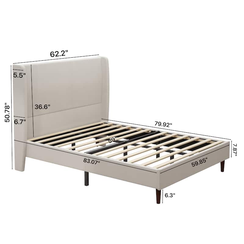 High Headboard Upholstered Bed, Queen Size Bed Frame, 12-Slat Support,Beige, Chenille Cloth, No Box Spring Needed