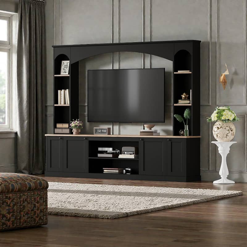 91" Arched Entertainment Center with Bookshelves, Farmhouse TV Stand for TVs up to 70", Media Console