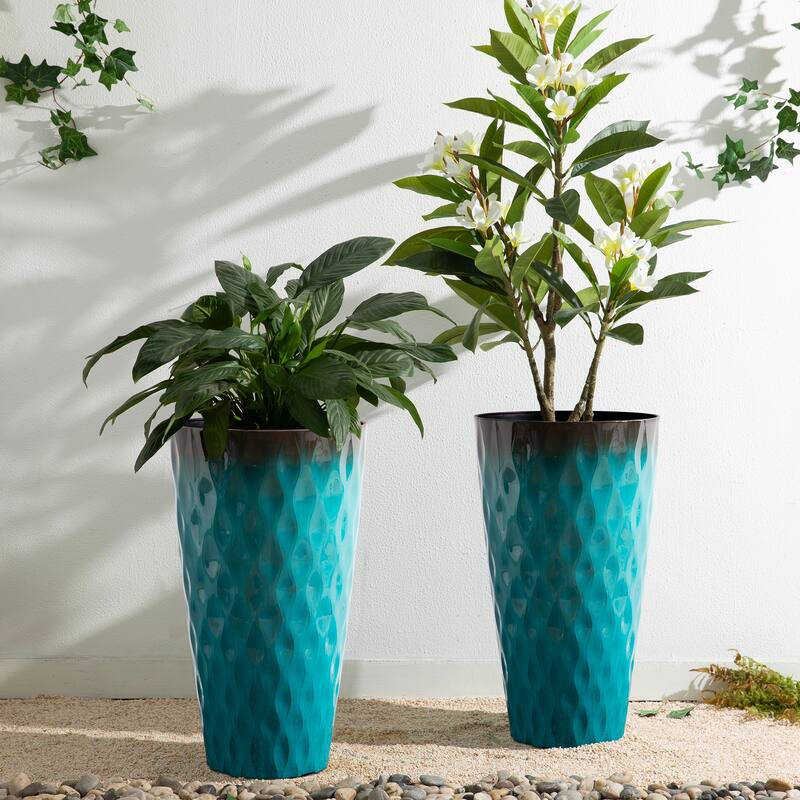 Glitzhome 23.75"H Set of 2 Oversized Wavy Texture Cobalt Blue/Turquoise/Red Tall Plastic Planter
