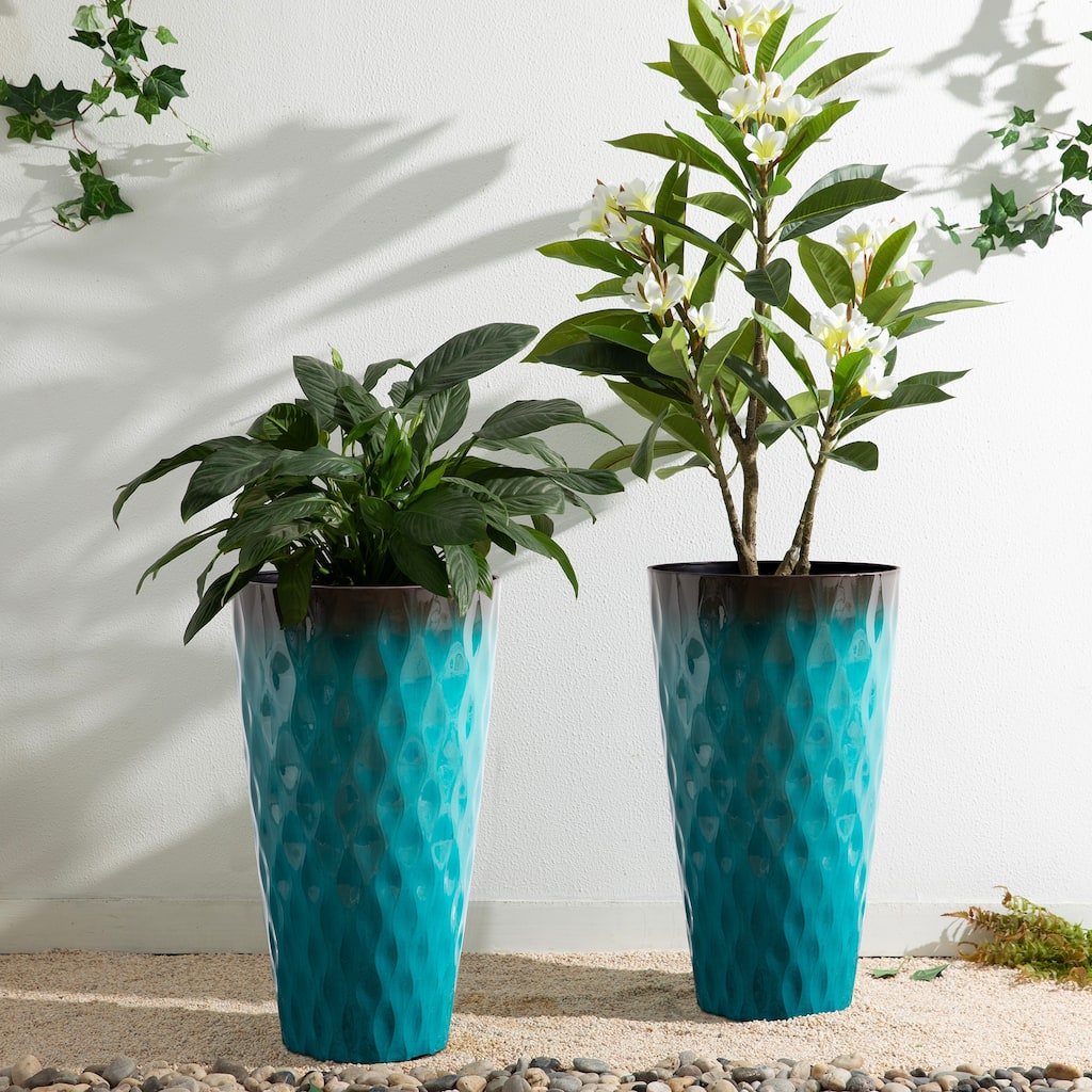 Glitzhome 23.75"H Set of 2 Oversized Wavy Texture Cobalt Blue/Turquoise/Red Tall Plastic Planter