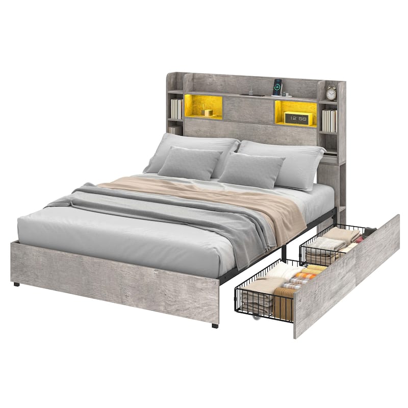 Moasis Queen/King Size Bed Frame with Bookcase Headboard and 4 Storage Drawers