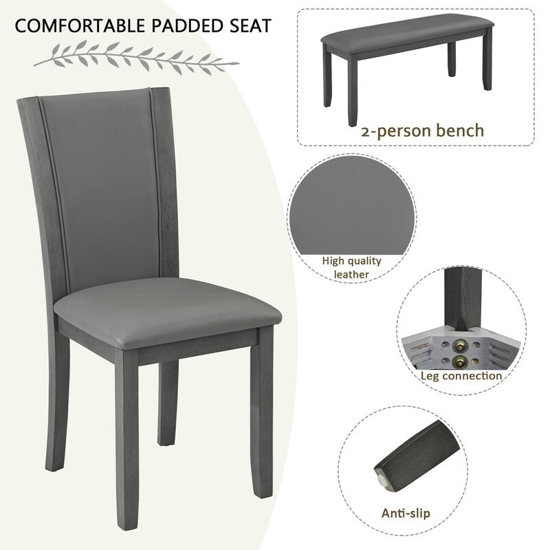 6-Piece Gray Kitchen Set with Upholstered Chairs and Padded Bench