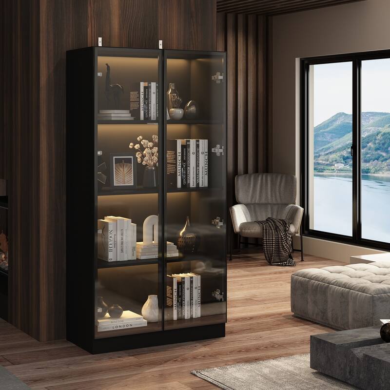 63"Hx31.5"W Lighted Display Cabinet with Glass Doors Bookshelf Buffet