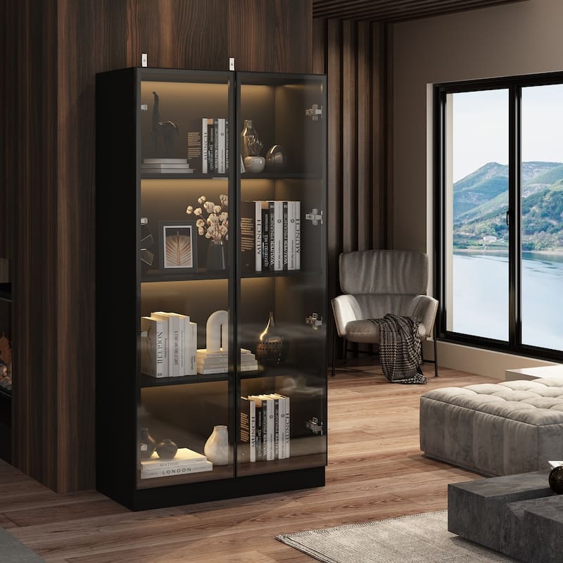 Black Glass Door Combo Wardrobe with Multi-Color Light Strips