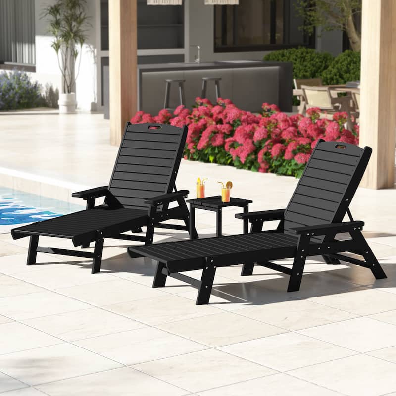 Laguna Hdpe All Weather Outdoor Patio Pool Reclining Chaise Lounges With Square Side Table (3-Piece Set) - Black