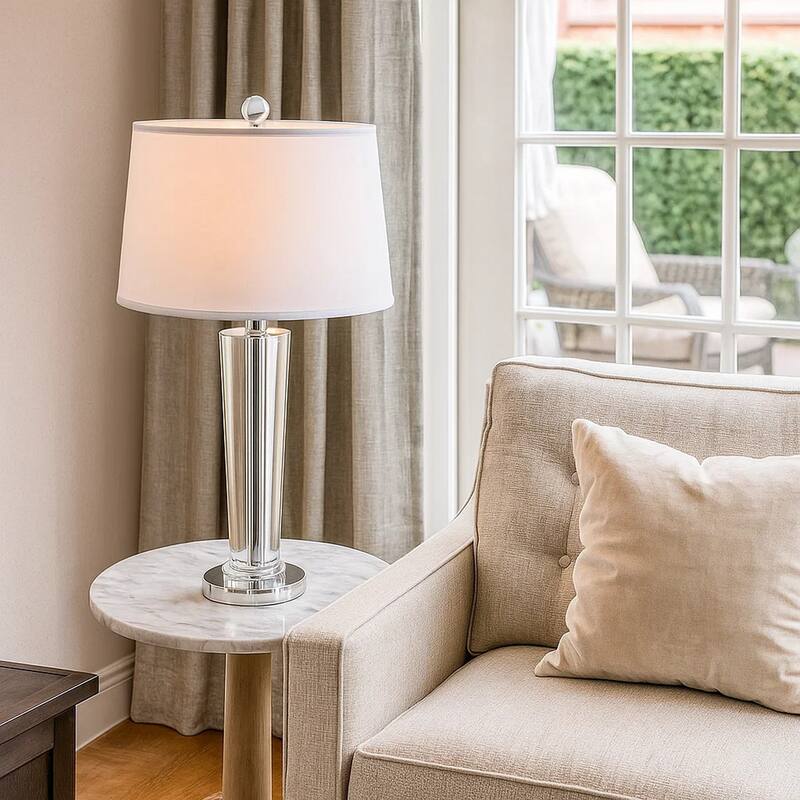 27 Inch Table Lamp with Glass Stand, Empire Shade, Metal, Clear Finish