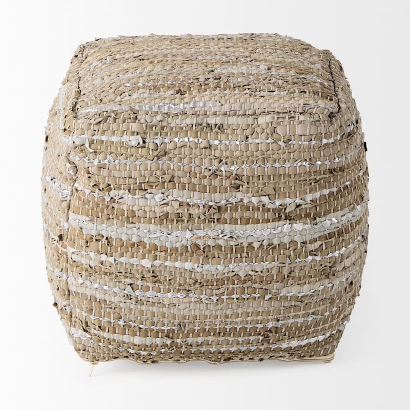 Mercana "Aadhya" Taupe & Silver Leather / Cotton Square Pouf
