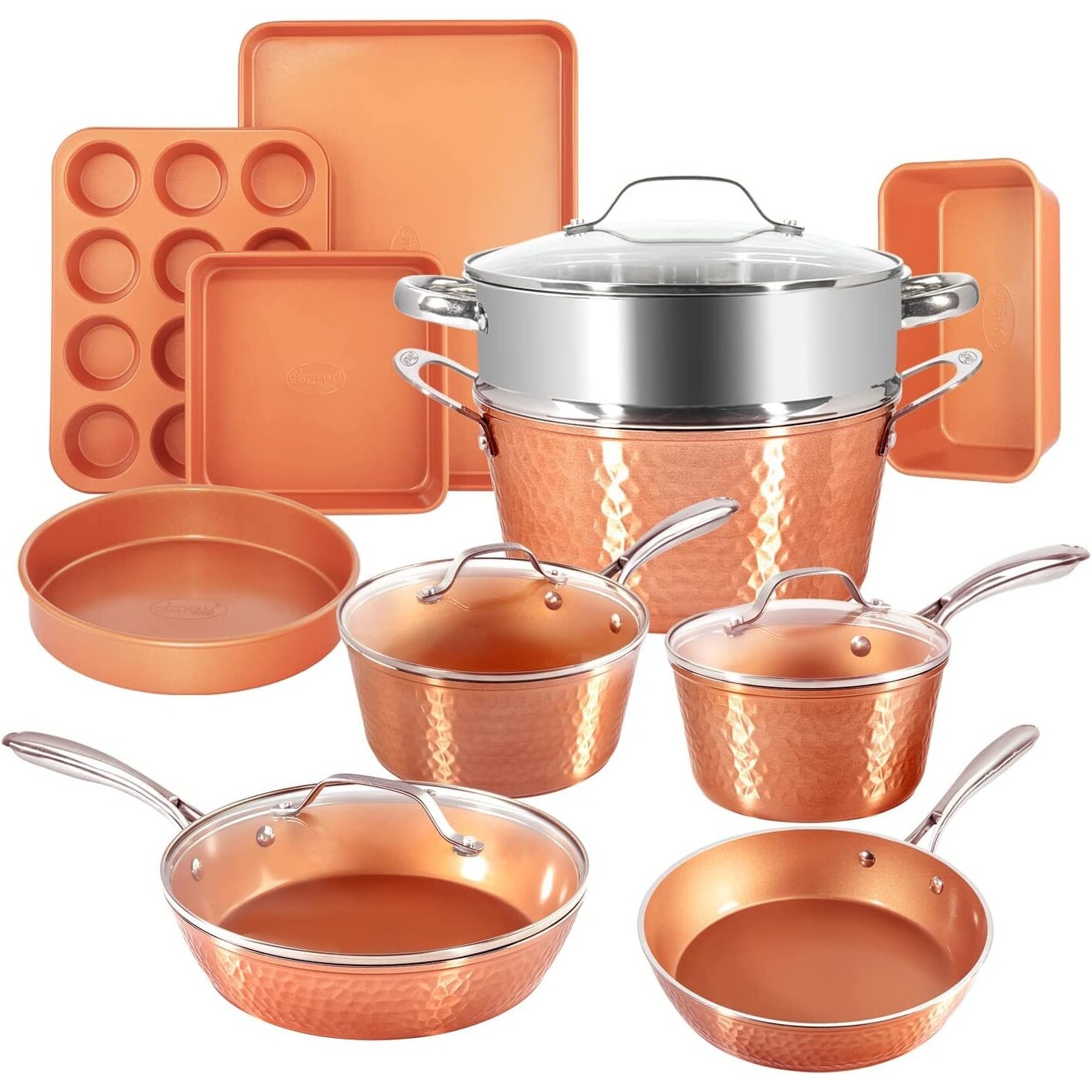 Gotham Steel Pots and Pans Set Premium Ceramic Cookware with Triple Coated  Ultra Nonstick Surface for Even Heating, Oven, Stovetop & Dishwasher Safe,  10 Piece, Hammered Copper 