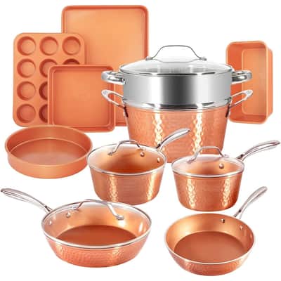 Hammered Pots and Pans Set Nonstick, 15 Pc Kitchen Cookware Set & Bakeware Set