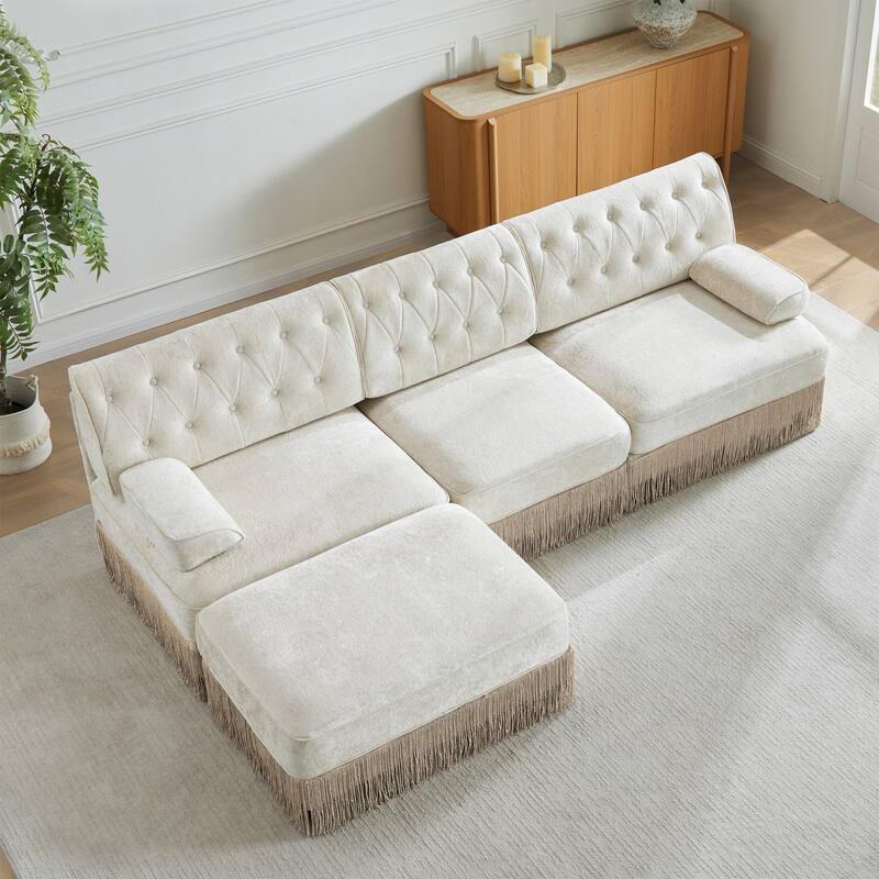 106" Velvet Sectional Sofa with Tassel Skirt Design and Ottoman