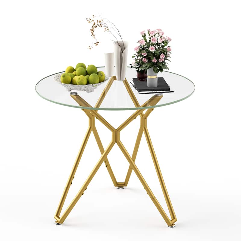 35.4-Inch Round Tempered Glass Dining Table, Suitable For 1-4 People, Space-Saving Small Kitchen Dining Table - Gold