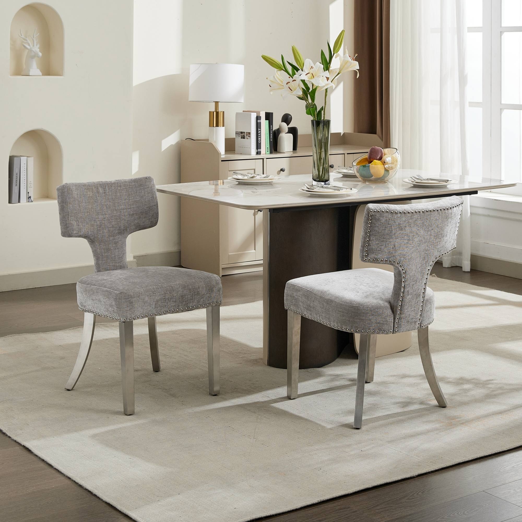 Modern Dining Chairs Set of 2 Farmhouse Chenille Fabric Upholstered Accent Chair w/ Brushed Stainless Steel Legs - Gray