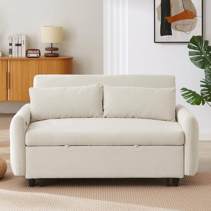 57.48" Corduroy Convertible Sofa Bed with Pull-Out Sleeper, Adjustable Backrest & USB