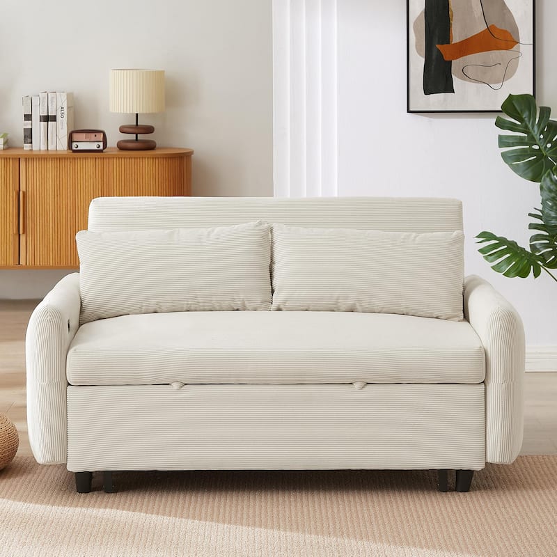 57.48" Pull-out Sofa Bed Convertible Couch with USB Ports, Beige Corduroy