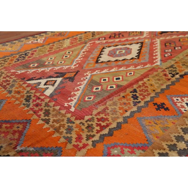 Vegetable Dye Kilim Qashqai Persian Antique Rug Handmade Wool Carpet - 4'9"x 12'1"
