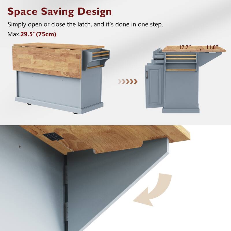 54 Inch Kitchen Island with Rubber Wood Drop Leaf and Rolling Cart Storage