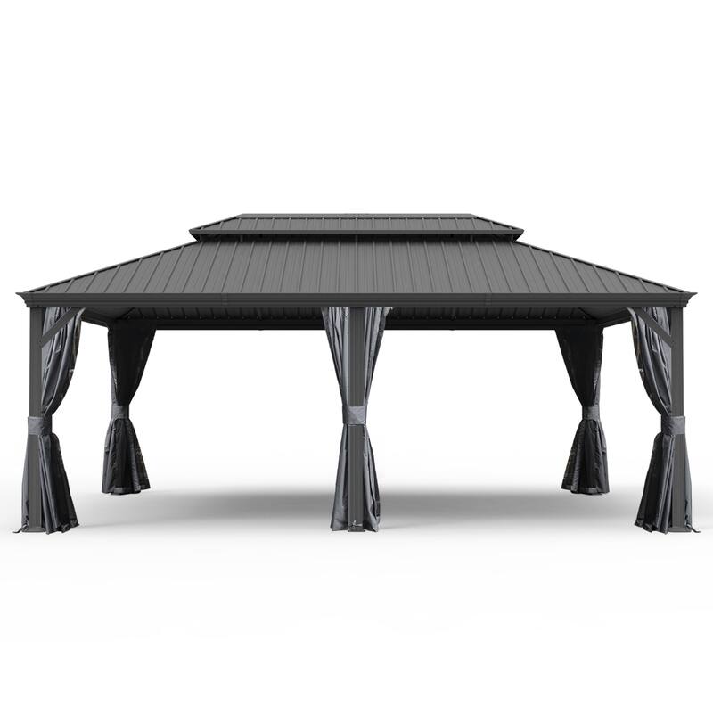 14' X 20' Hardtop Metal Gazebo with Drainage System, Galvanized Steel Roof, Curtains, and Netting for Outdoor Patio and Garden - Grey