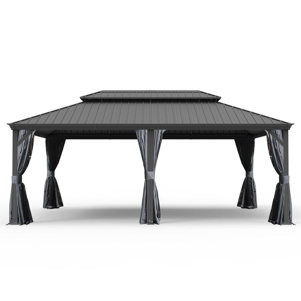 14' X 20' Hardtop Metal Gazebo with Drainage System, Galvanized Steel Roof, Curtains, and Netting for Outdoor Patio and Garden